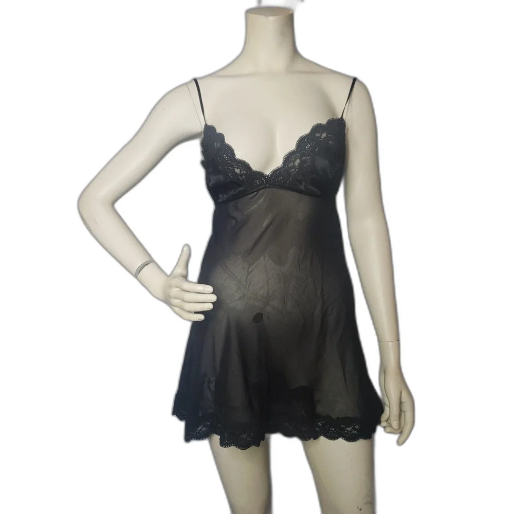 Vintage 90's Y2K VICTORIAS SECRET Sheer Black Lace Negligee Nighty Womens Medium